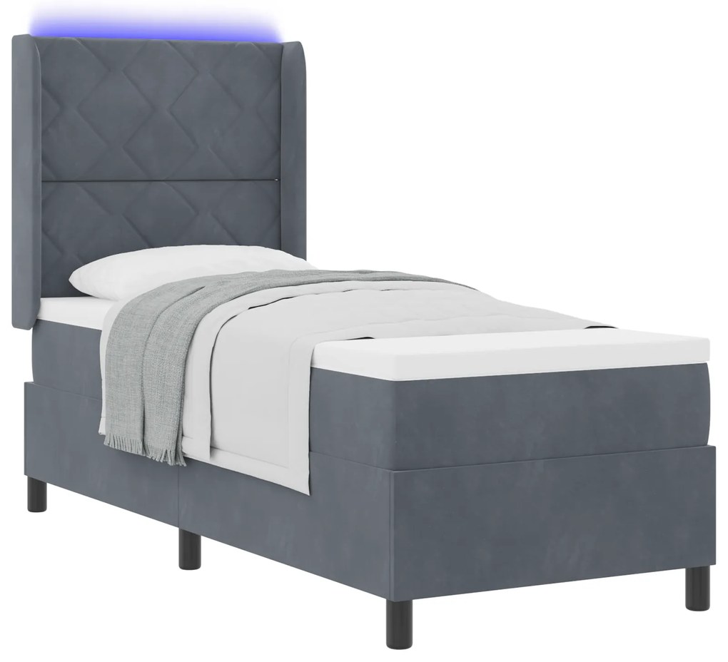vidaXL Κρεβάτι Box Spring με Στρώμα & LED Σκούρο Γκρι 80x200 εκ. Βελούδο