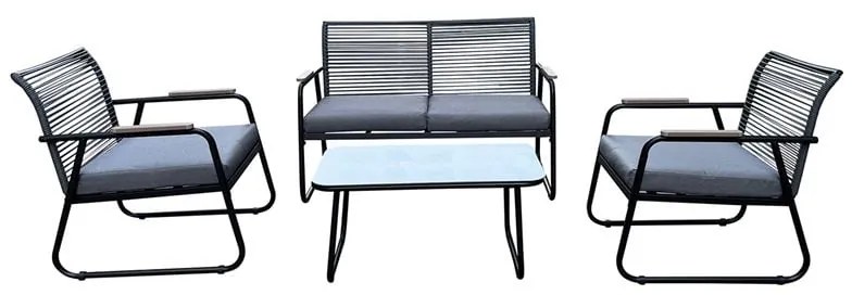 WOODWELL ROCCO Set Σαλόνι Κήπου 4τεμ, Μέταλλο Μαύρο,RopeWicker Γκρι, Μαξιλ.Σκούρο Γκρι, Γυαλί Μαύρο 2 Πολυθρ+1 Καναπ+1 Τραπεζάκι Ε6873,1