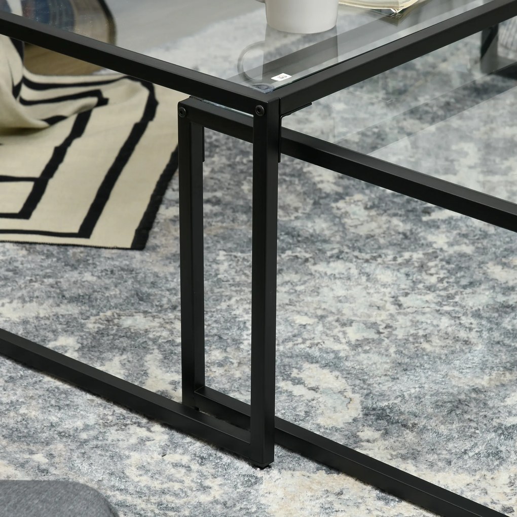 HOMCOM Σετ 2 Τραπεζιών Καφέ, Γυάλινα Τραπέζια, με Επικαλυμμένο με Πούδρα Ατσάλι, Μαύρο + Διαφανές