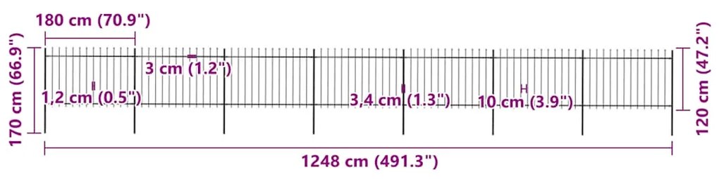 vidaXL Φράχτης Κήπου με Κορυφή Δόρυ Μαύρος Ατσάλινος 1248 x 120 εκ.