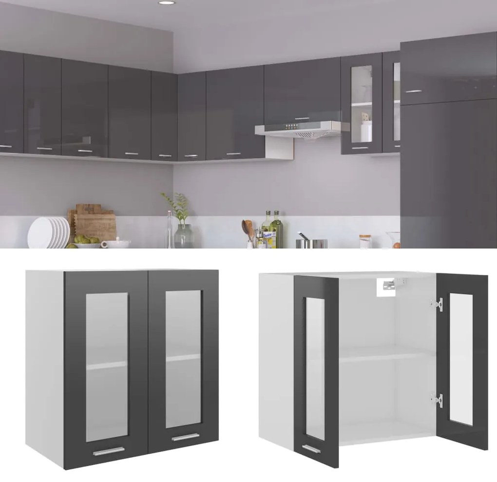vidaXL Ντουλάπι Κρεμαστό με Τζάμι Γυαλ. Γκρι 60x31x60 εκ. Μοριοσανίδα