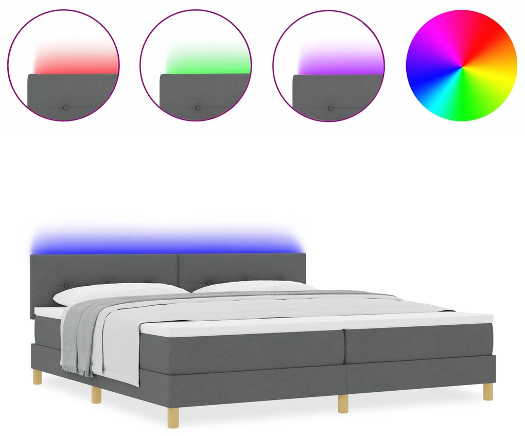 vidaXL Κρεβάτι Box Spring με Στρώμα & LED Σκοτεινού Γκρι 200x200 εκ. Ύφασμα