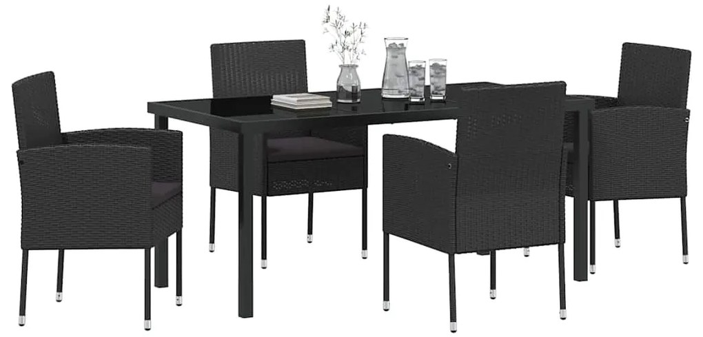 vidaXL Σέτ φαγητού για κήπο με μαξιλάρι 5 pcs Μαύρο συνθετικό ρατάν