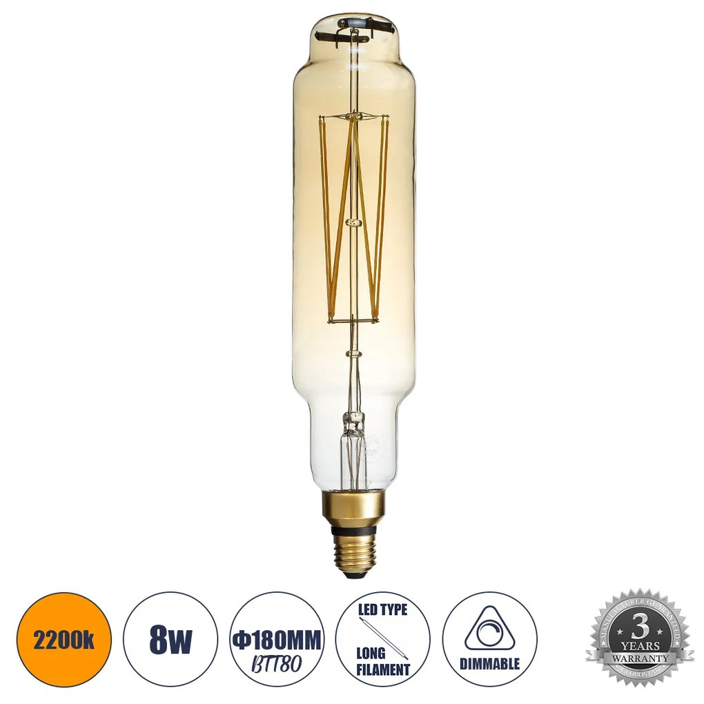 GloboStar 99168 Λάμπα LED Long Filament E27 BTT80 BANANAS Γλόμπος 8W 720lm 360° AC 220-240V IP20 Φ7.8 x Υ34.5cm Ultra Θερμό Λευκό 2200K με Μελί Γυαλί - Dimmable - 3 Χρόνια Εγγύηση - 99168