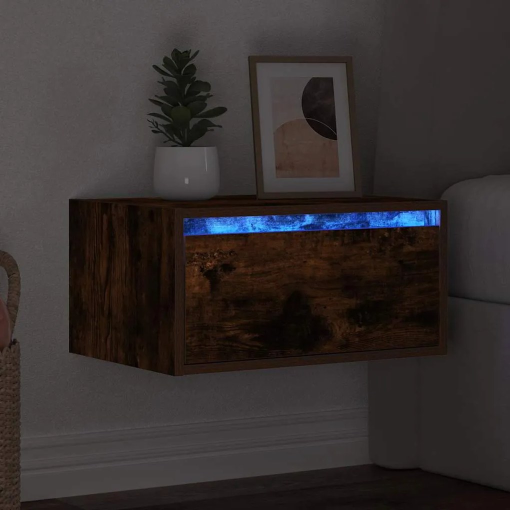 Κομοδίνο Επιτοίχιο με Φώτα LED Καπνιστή Δρυς 860219