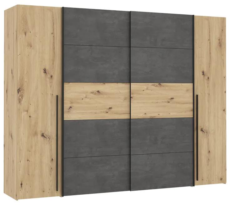 Ντουλάπα ρούχων Verzo τετράφυλλη oak-ανθρακί μελαμίνης 270.5x61.5x210.5εκ Υλικό: -Carcase &amp; front: chipboard. Handles: pp - black ;
sliding doors metal - black- 318-000005