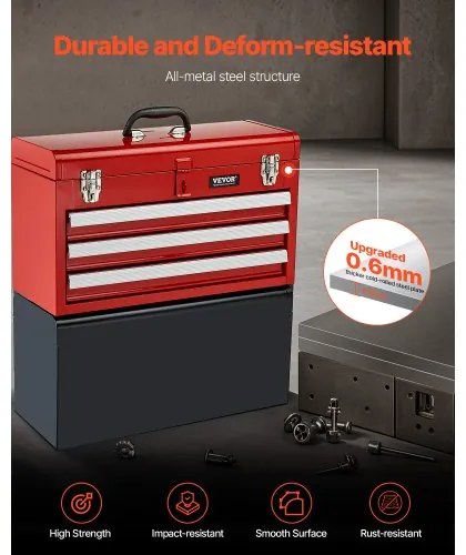 VEVOR Tool Box 20.5-inch Portable Metal Tool Box 3 Drawers Tool Organizer Red