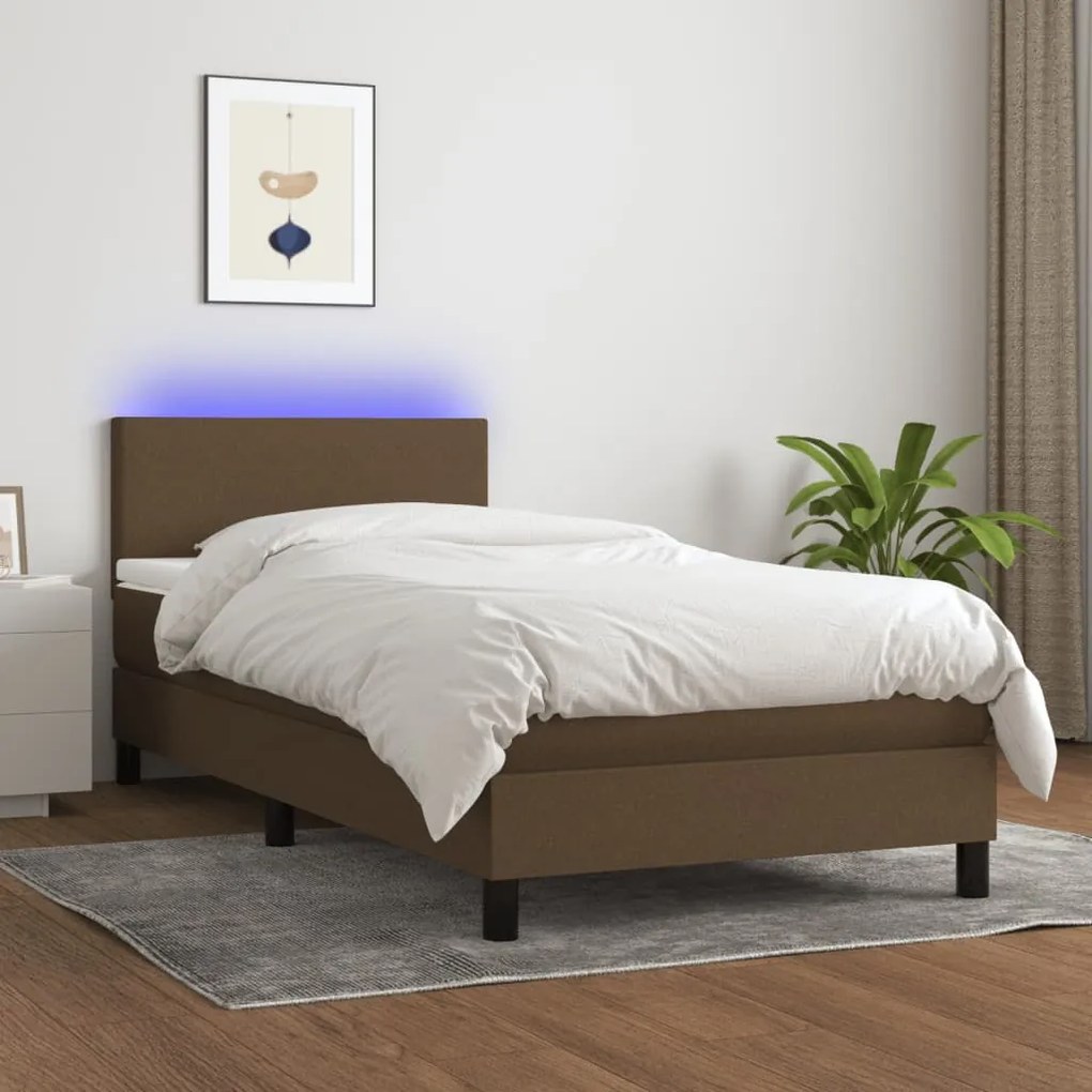 vidaXL Κρεβάτι Boxspring με Στρώμα & LED Σκ.Καφέ 100x200 εκ Υφασμάτινο