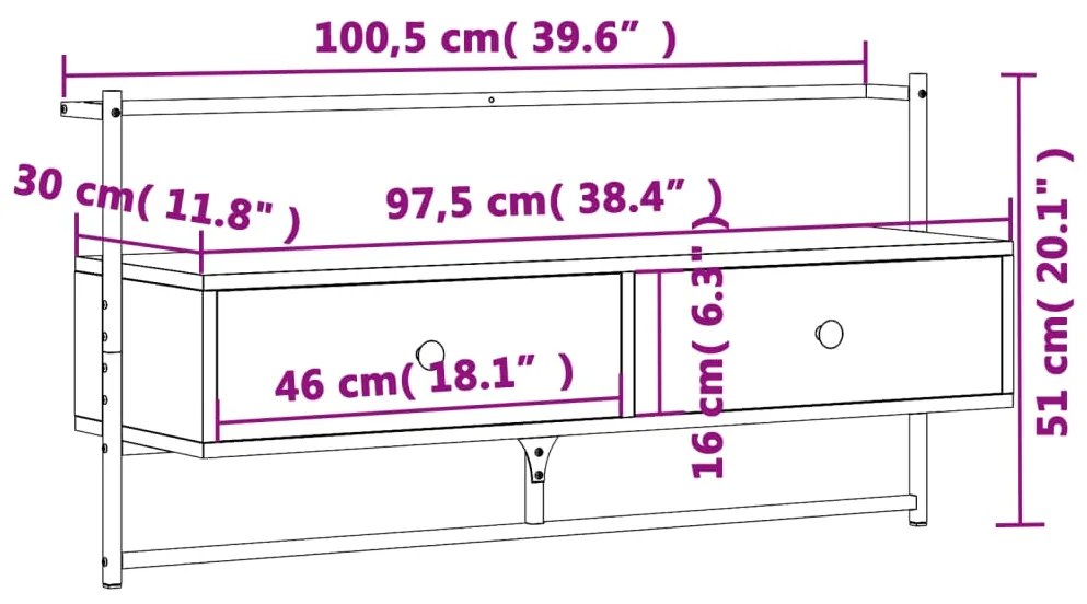 Έπιπλο Τηλεόρασης Επιτοίχιο Καπν. Δρυς 100,5x30x51 εκ. Επ. Ξύλο - Καφέ