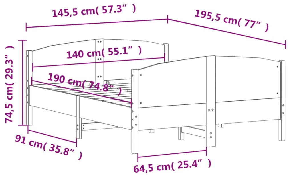 Σκελετός Κρεβατιού Χωρίς Στρώμα 140x190 εκ Μασίφ Ξύλο Πεύκου 3216179
