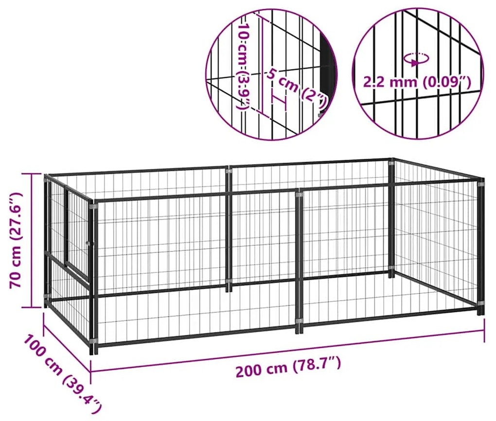 vidaXL Σπιτάκι Σκύλου Μαύρο 200 x 100 x 70 εκ. Ατσάλινο