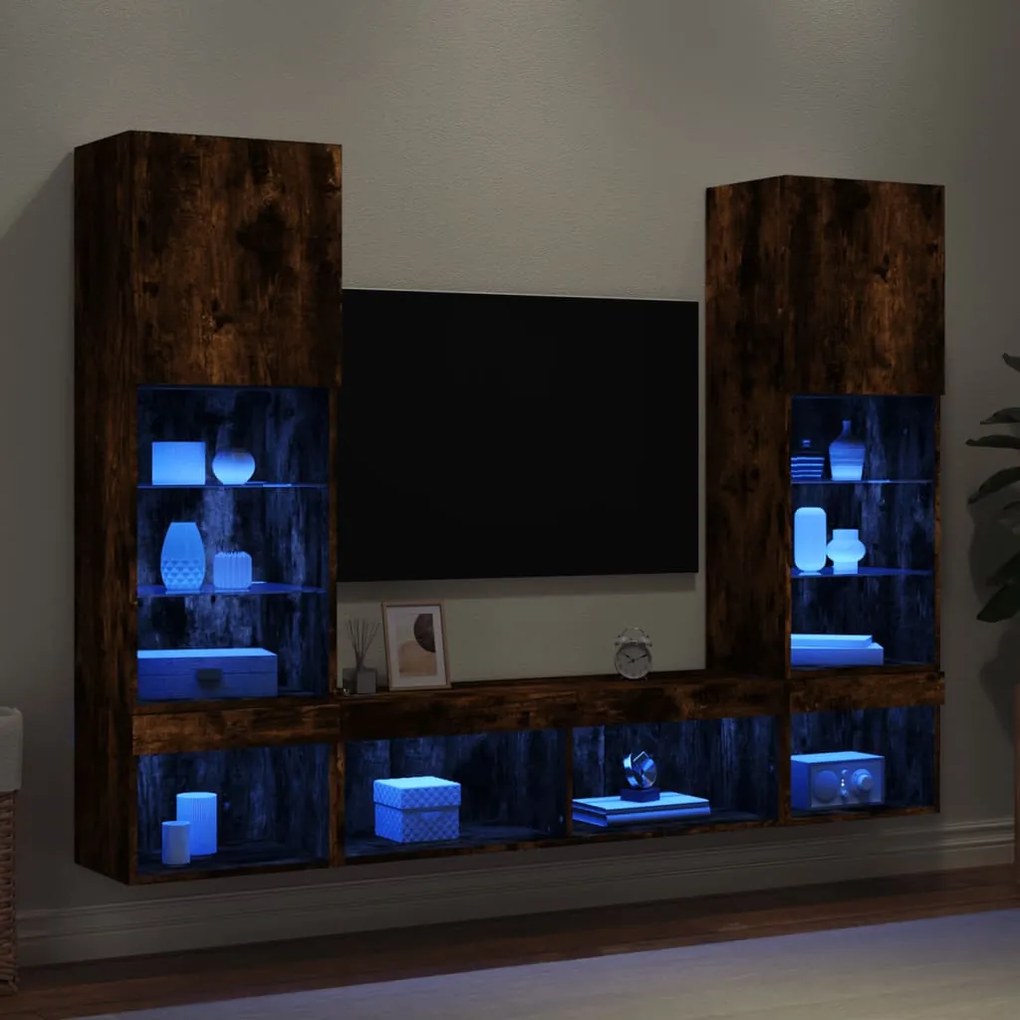 vidaXL Έπιπλα Τοίχου Τηλεόρασης 5 τεμ LED Καπνιστή Δρυς από Επεξ. Ξύλο