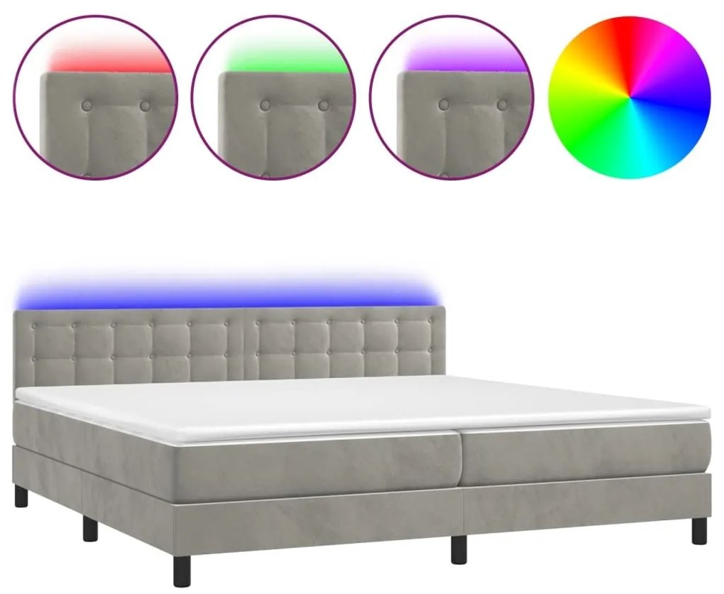 Κρεβάτι Boxspring με Στρώμα &amp; LED Αν.Γκρι 200x200 εκ. Βελούδινο - Γκρι