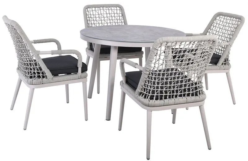 CENTRAL Set Τραπεζαρία Κήπου ALU &amp; Rope Grey-Μαξιλ.Ανθρακί: Τραπέζι Φ100cm + 4 Πολυθρόνες
