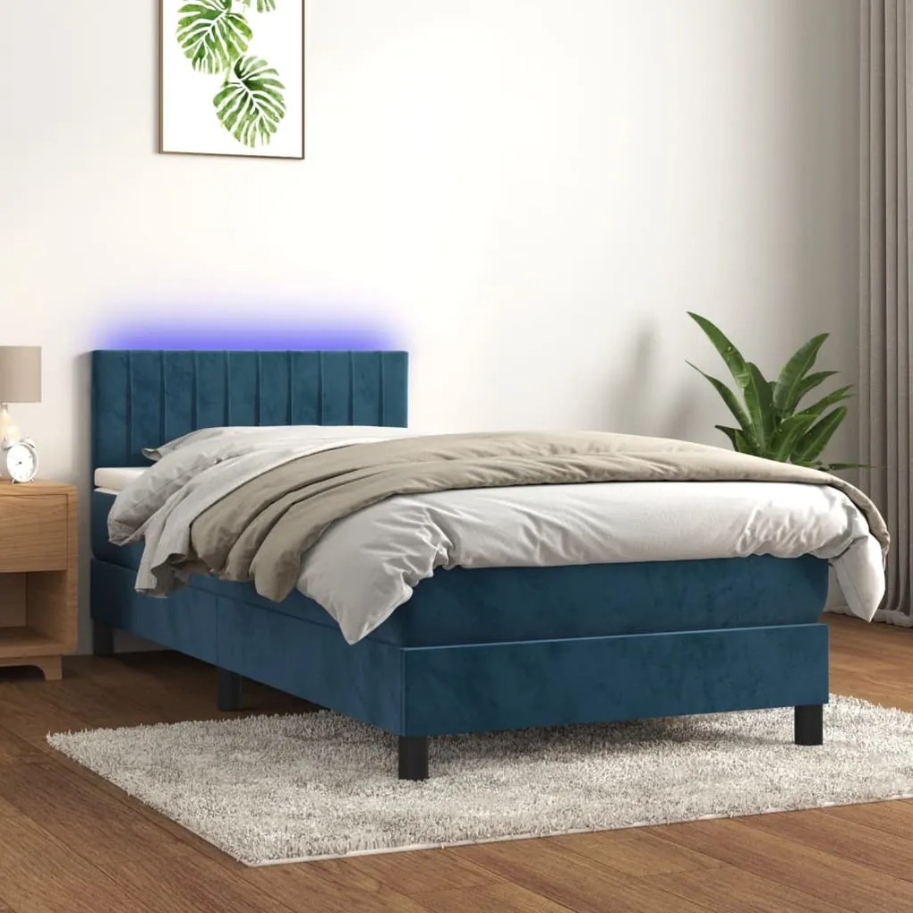 Κρεβάτι Boxspring με Στρώμα &amp; LED Σκ. Μπλε 80x200 εκ. Βελούδινο