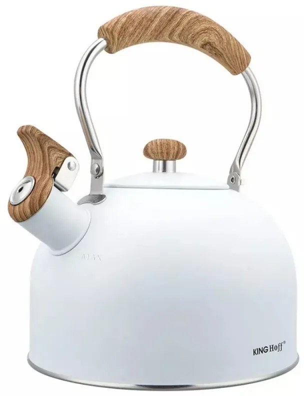 Τσαγιέρα με σφυρίχτρα Kinghoff KH 1860, 2.5 l, Επαγωγή, Ξύλινη λαβή, Λευκό