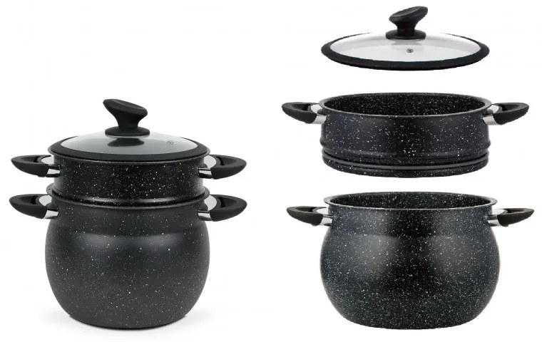 Ατμομάγειρας Royalty Line RL-CP6LM, 20 cm, 6 λίτρα, 3 τεμάχια, μαρμάρινο φινίρισμα, επαγωγή, Μαύρο