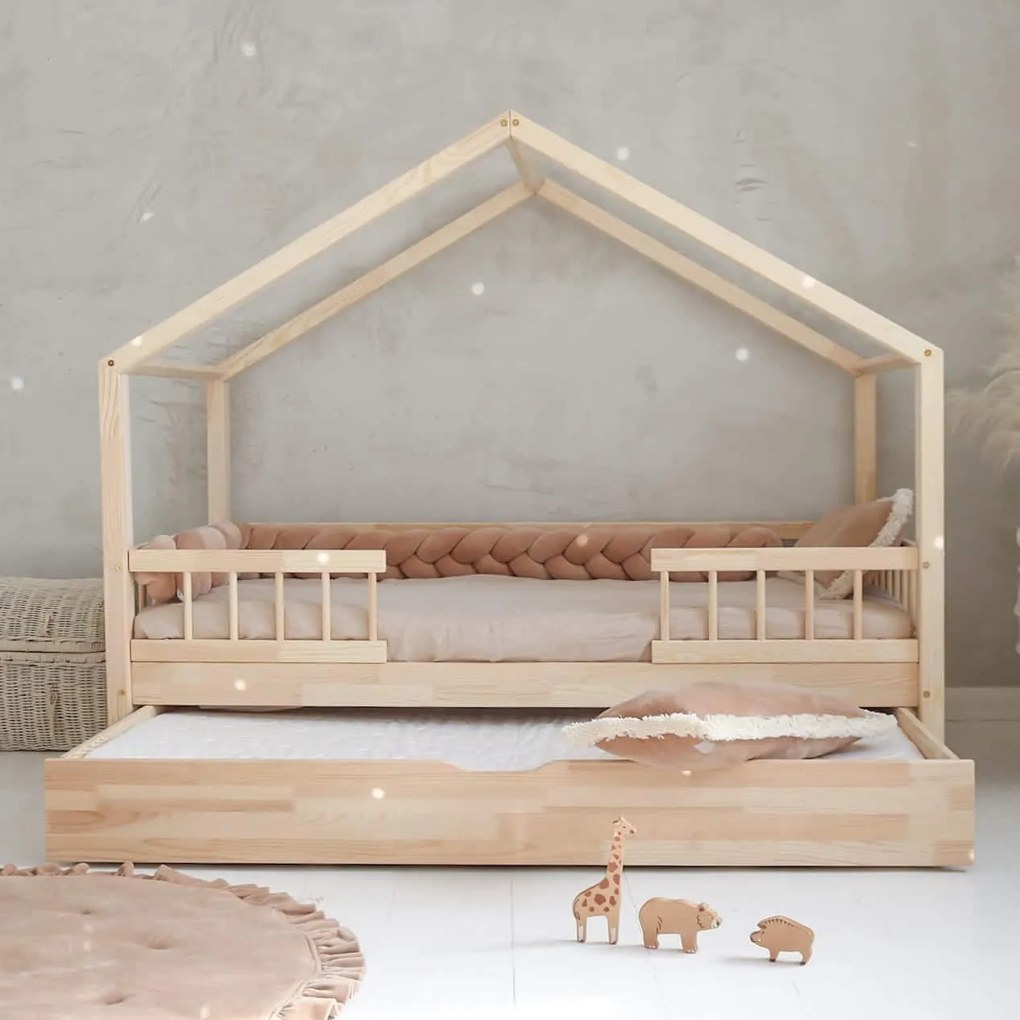 Κρεβάτι Παιδικό Montessori HouseBed Bello Duo Plus με Αφαιρούμενα Κάγκελα 23cm  + Συρτάρι σε Φυσικό  Ξύλο  90×200cm  Luletto (Δώρο 10% έκπτωση στο Στρώμα)