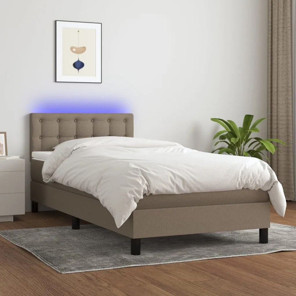 Κρεβάτι Boxspring με Στρώμα &amp; LED Taupe 90x200 εκ. Υφασμάτινο