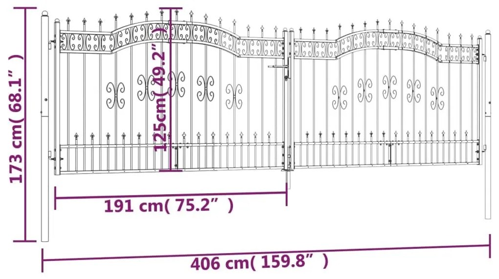 Πόρτα Φράχτη με Ακίδες Μαύρη 406x173 εκ. Ατσάλι με Ηλεκτρ. Βαφή - Μαύρο