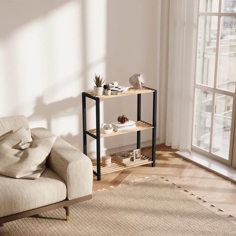 Ραφιέρα δαπέδου - Τραπεζάκι βοηθητικό ξύλινο - πλαστικό χρώμα φυσικό - μαύρο 65x29x78εκ.