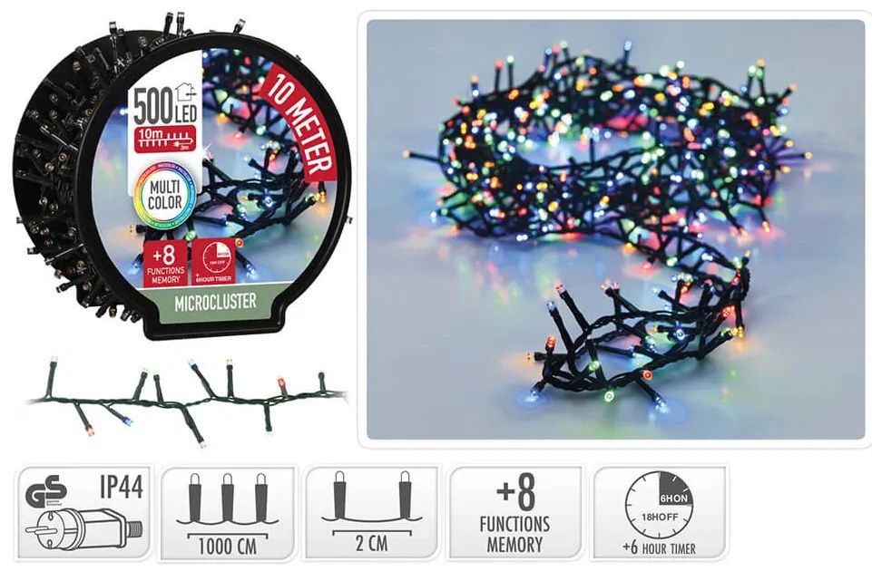 500 Φωτάκια LED - 10 Μέτρα + 3 Μέτρα σύνδεσης , Kανονική Διάταξη, με χειριστήριο, 8 προγράμματα, Πράσινο καλώδιο PVC - Πολύχρωμο
