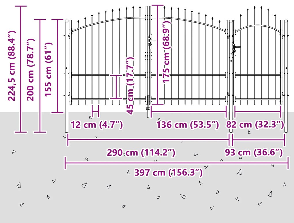 vidaXL Πόρτα Κήπου με Άκρες Σπαθιού Γκρι 175x400 εκ Σίδερο