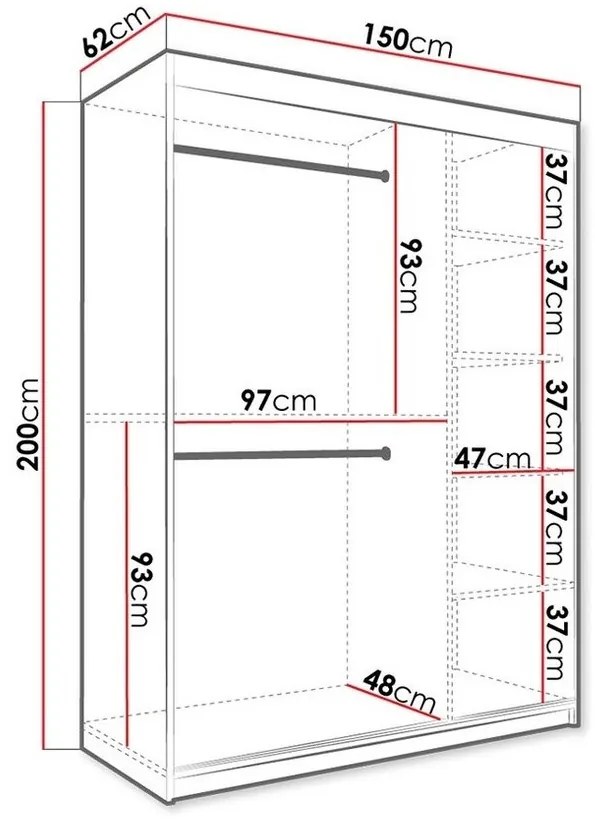 Ντουλάπα Hartford 248, Λευκό μάρμαρο, Ματ άσπρο, 200x150x62cm, 125 kg, Πόρτες ντουλάπας: Ολίσθηση, Αριθμός ραφιών: 5, Αριθμός ραφιών: 5 | Epipla1.gr