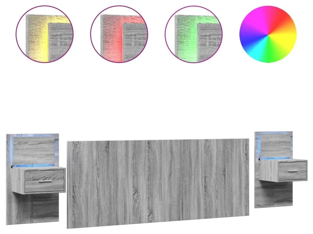Κεφαλάρι Κρεβατιού 200 εκ. Γκρι Sonoma Επεξ. Ξύλο με Κομοδίνα - Γκρι