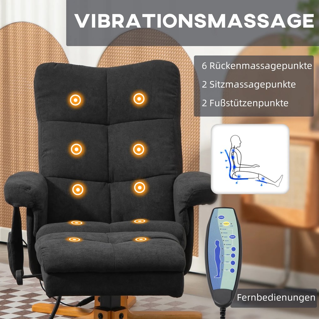 HOMCOM Πολυθρόνα Μασάζ με Λειτουργία Ανάκλισης και Υποπόδιο, Κλίση 145°, Πολυεστέρας, 80 x 86 x 99 cm, Μαύρο