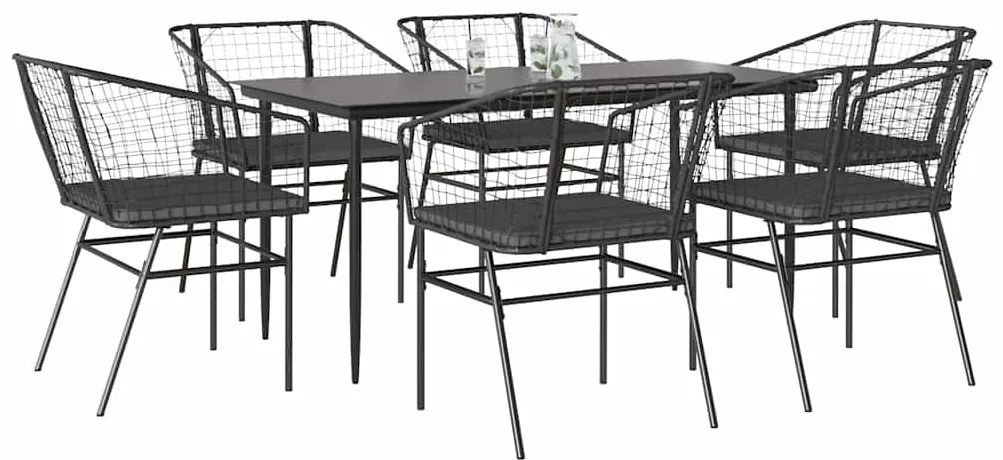 vidaXL Σετ Τραπεζαρίας Κήπου 7Τεμ. Μαύρο Συνθ.Ρατάν/Γυαλί με Μαξιλάρια