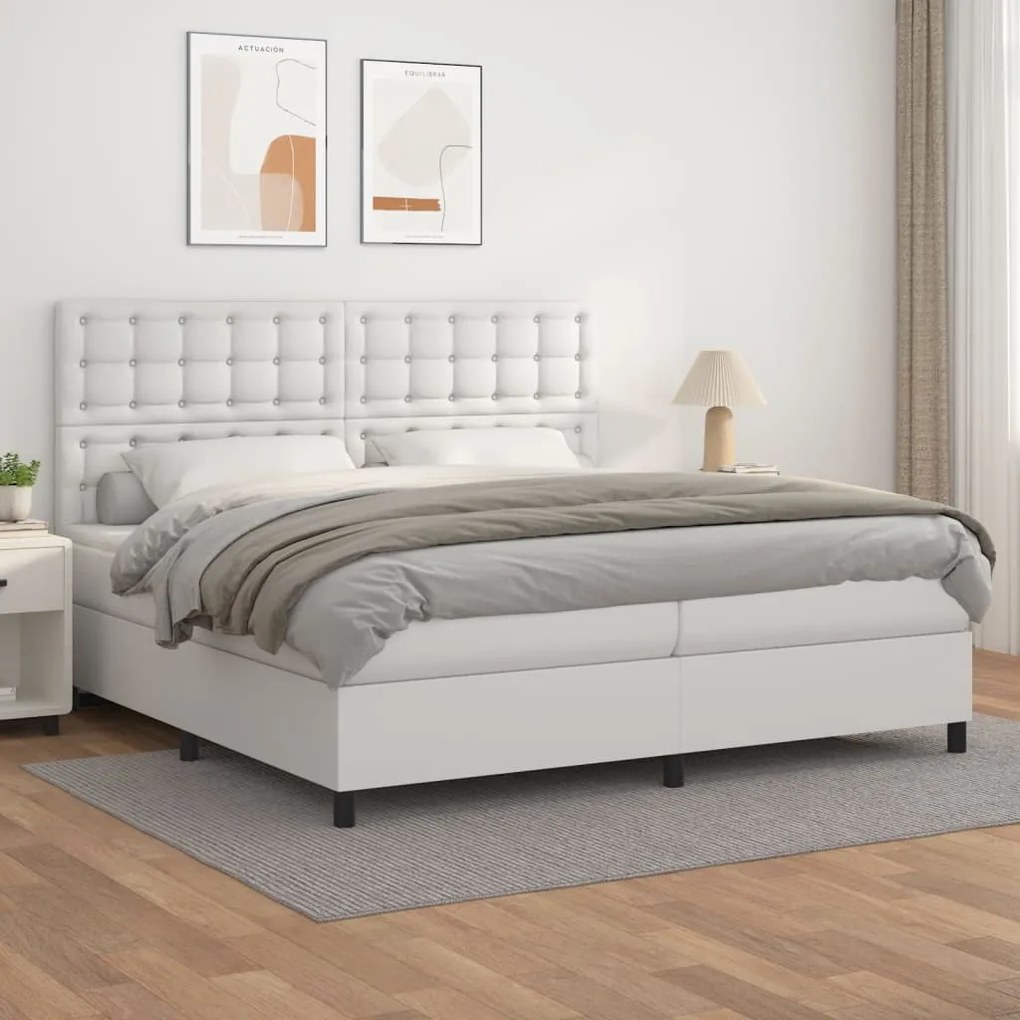 Κρεβάτι Boxspring με Στρώμα Λευκό 200x200 εκ. Συνθετικό Δέρμα - Λευκό