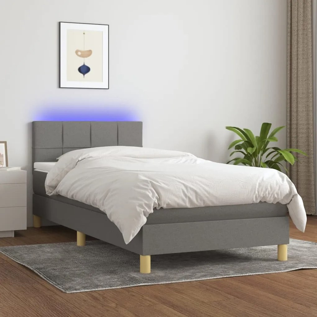 vidaXL Κρεβάτι Boxspring με Στρώμα &amp; LED Σκ.Γκρι 80x200 εκ. Υφασμάτινο