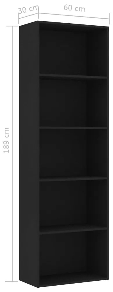 vidaXL Βιβλιοθήκη με 5 Ράφια Μαύρη 60 x 30 x 189 εκ. από Επεξ. Ξύλο