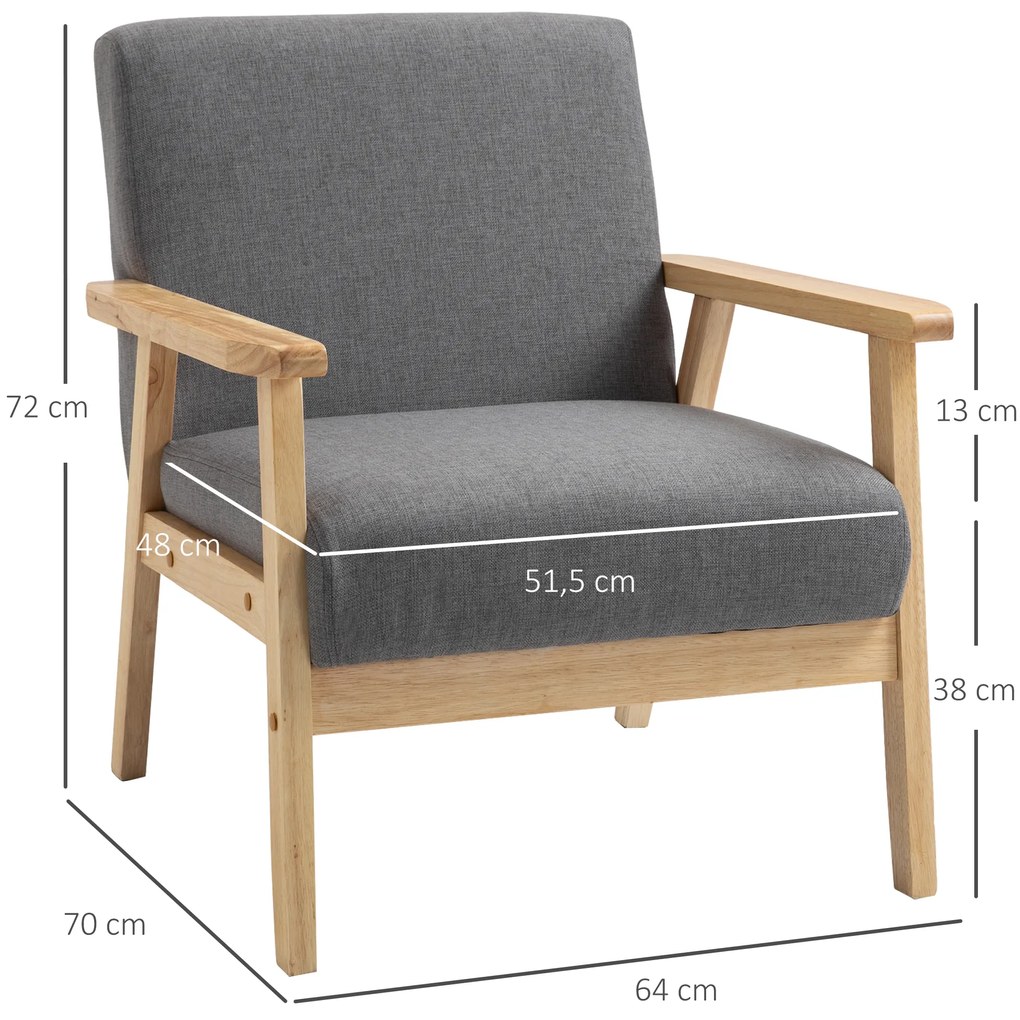 HOMCOM Πολυθρόνα σε Σκανδιναβικό στυλ, Πολυθρόνα Accent, Μασίφ ξύλο, όψη λινό, 64 cm x 70 cm x 72 cm, Γκρι + Φυσικό