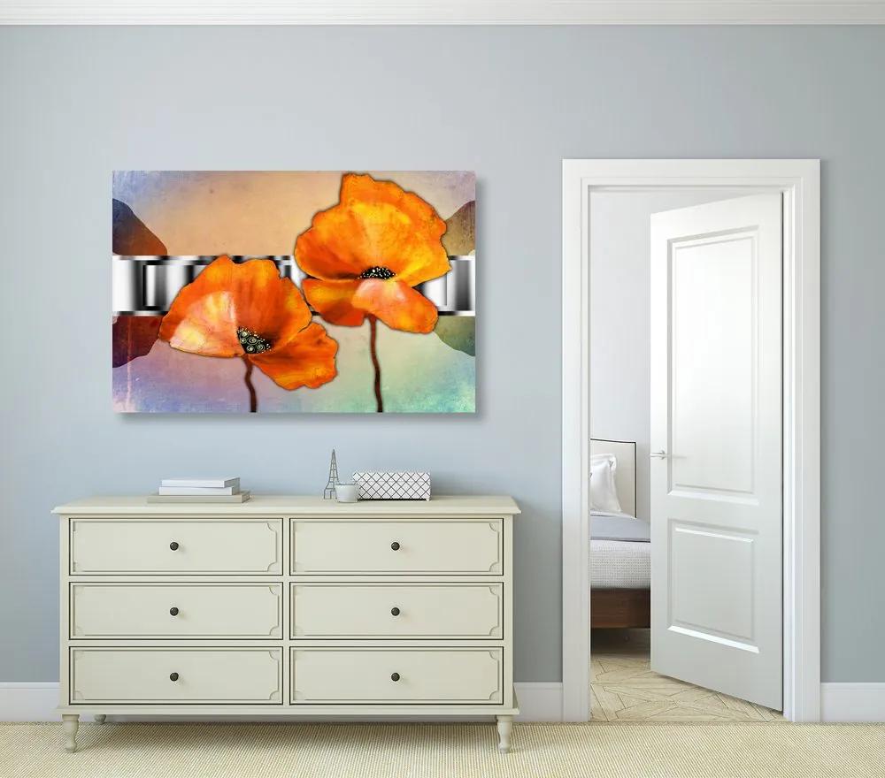 Εικόνα με πορτοκαλί λουλούδια παπαρούνας σε ανατολίτικο στυλ - 90x60