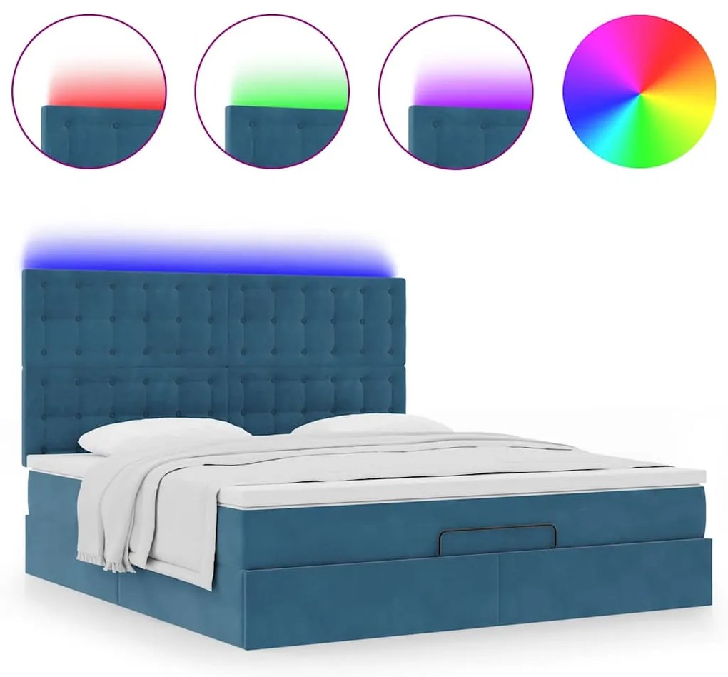 vidaXL Οθωμανικό κρεβάτι με στρώματα & LEDs Σκούρο μπλε Βελούδο
