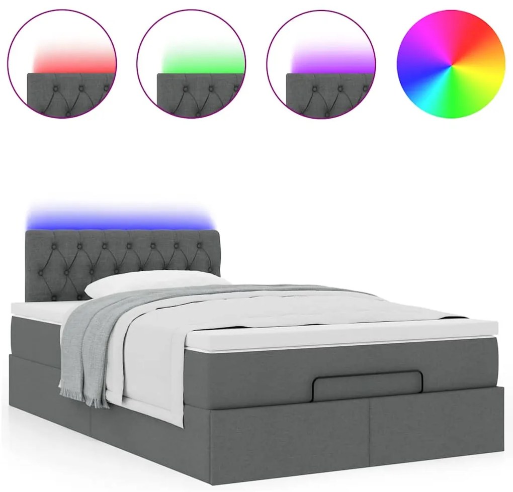 vidaXL Οθωμανικό κρεβάτι με στρώμα & LEDs Σκούρο γκρι 120x190cm Ύφασμα