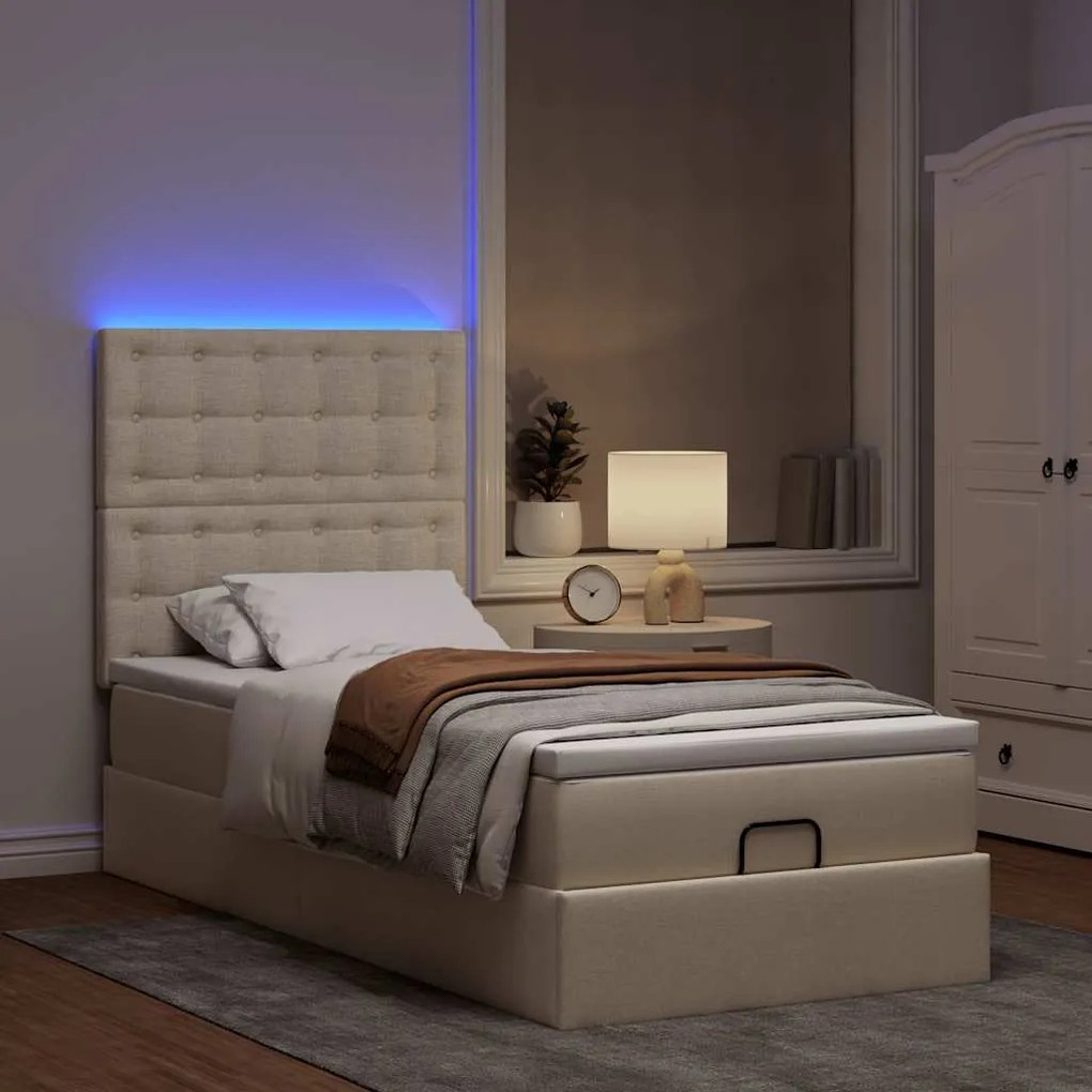 vidaXL Οθωμανικό κρεβάτι με στρώμα & LEDs Cream 90x190cm ύφασμα