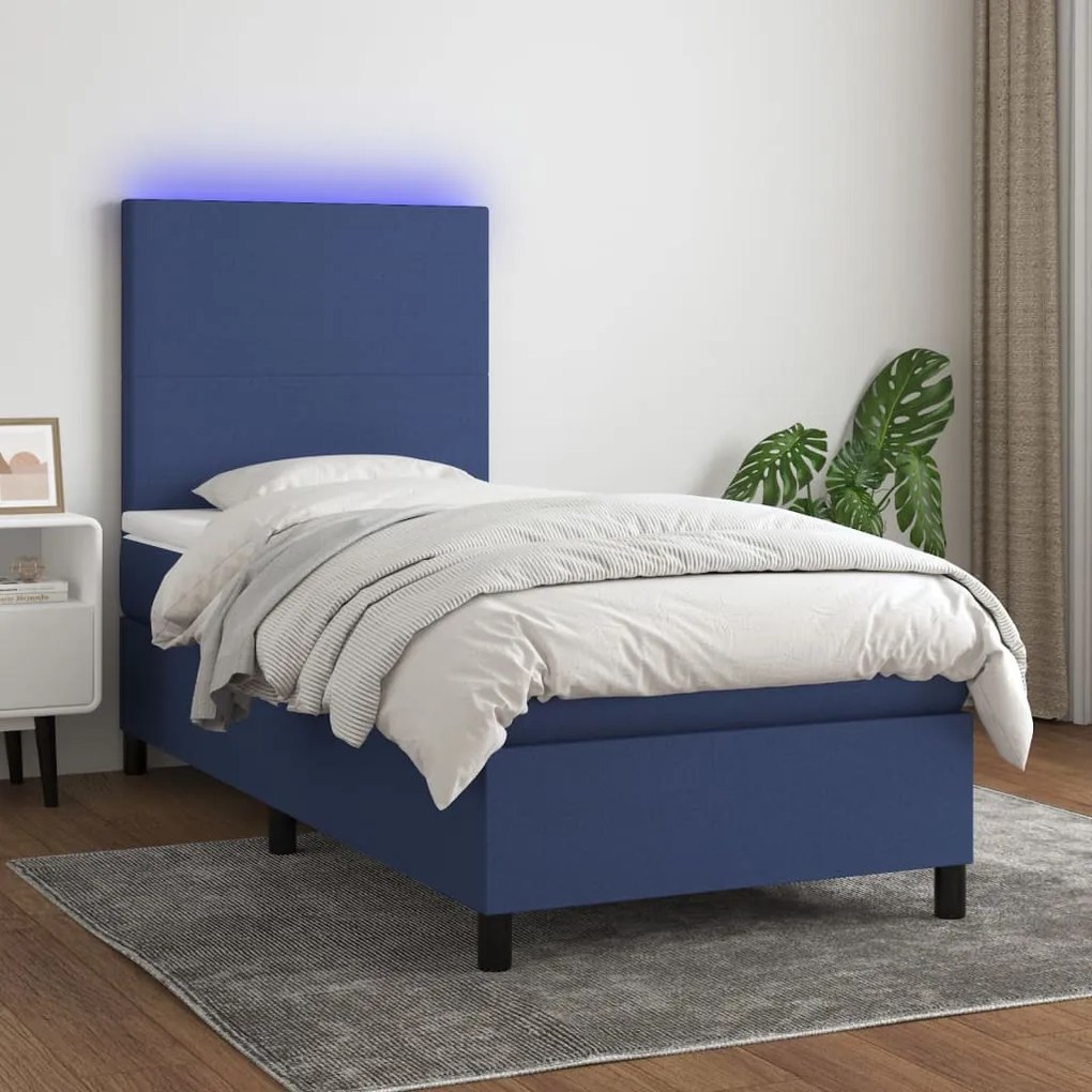 Κρεβάτι Boxspring με Στρώμα &amp; LED Μπλε 90x200 εκ. Υφασμάτινο - Μπλε