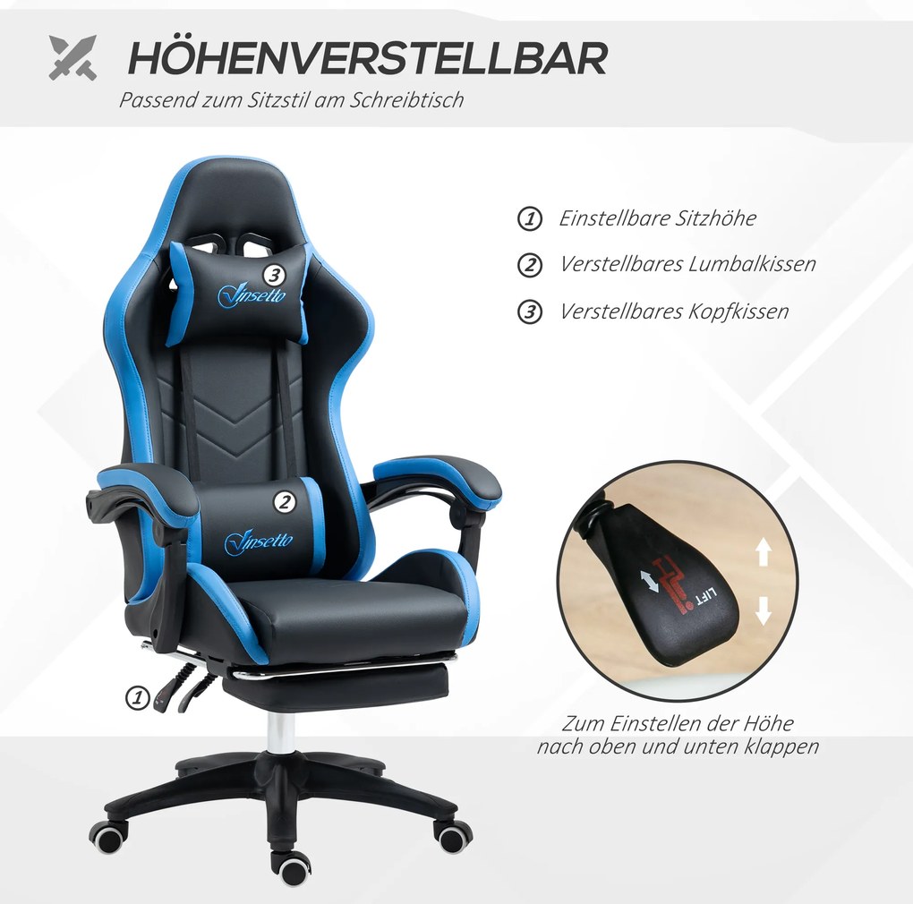 Vinsetto Bürostuhl, Gamingstuhl, 1 Kopfstütze, 1 Lendenstütze, Blau + Schwarz