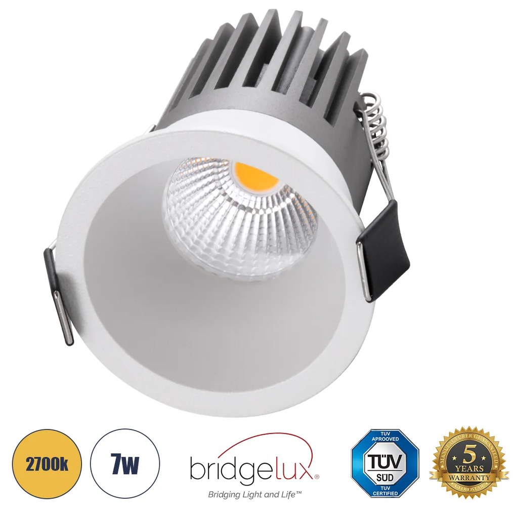 GloboStar® MICRO-B 60243 Χωνευτό LED Spot Downlight TrimLess Φ6cm 7W 875lm 38° AC 220-240V IP20 Φ6 x Υ7.8cm - Στρόγγυλο - Λευκό - Θερμό Λευκό 2700K - Bridgelux COB - 5 Years Warranty