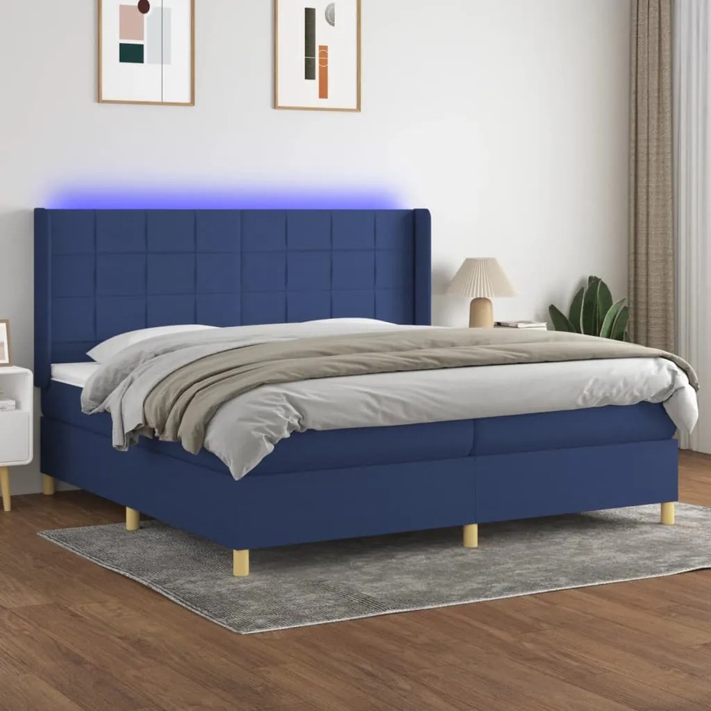 Κρεβάτι Boxspring με Στρώμα &amp; LED Μπλε 200x200 εκ. Υφασμάτινο