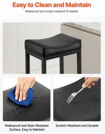 VEVOR Bar Stool Set of 2, PU Leather Counter Height Stools, 62cm Barstool with Saddle-Seat and Metal Legs, Easy Assembly Backless Bar Chair, Island Barstools for Kitchen, Dining Room, Cafe, Black