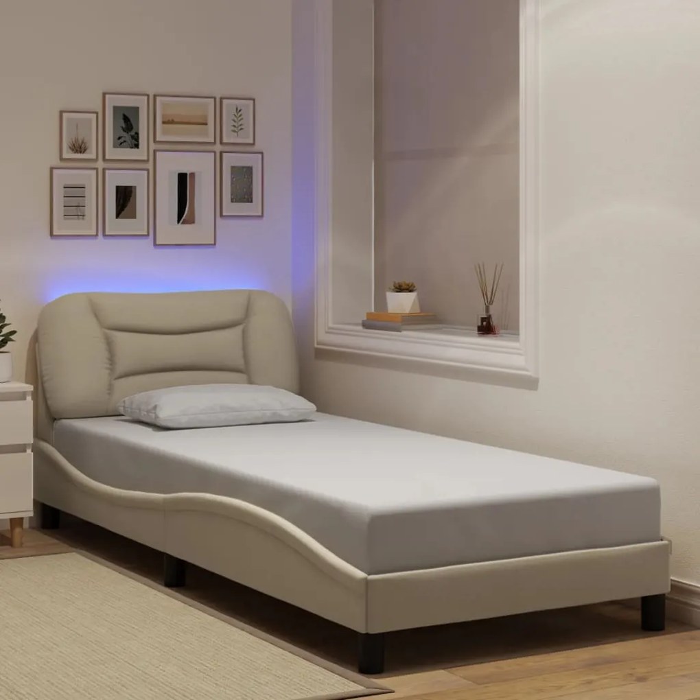 Πλαίσιο Κρεβατιού με LED Κρεμ 90x190 εκ. Ύφασμα