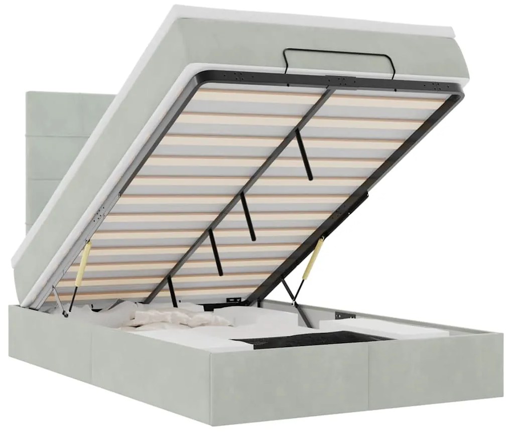 vidaXL Οθωμανικό κρεβάτι με στρώματα & LEDs Ανοιχτό γκρι Βελούδο
