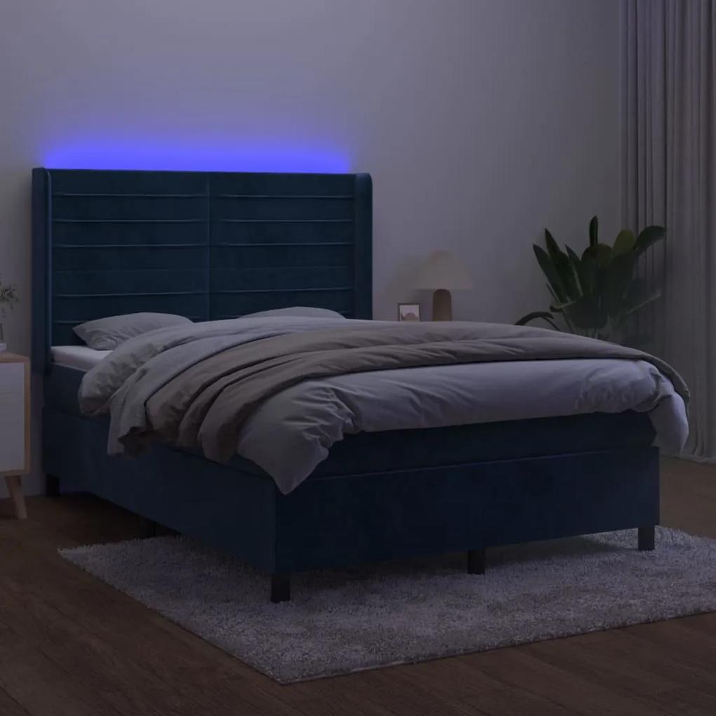 vidaXL Κρεβάτι Boxspring με Στρώμα & LED Σκ. Μπλε 140x190εκ. Βελούδινο