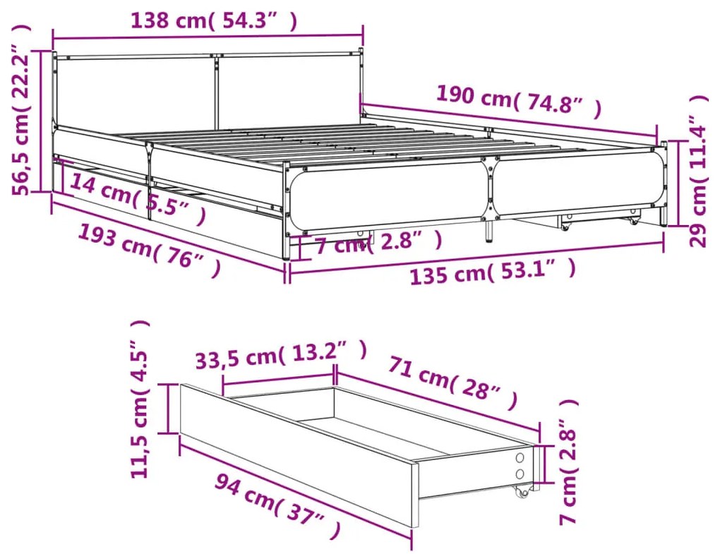 Πλαίσιο Κρεβατιού με συρτάρια Γκρι sonoma 135x190εκ. Επεξ. Ξύλο - Γκρι