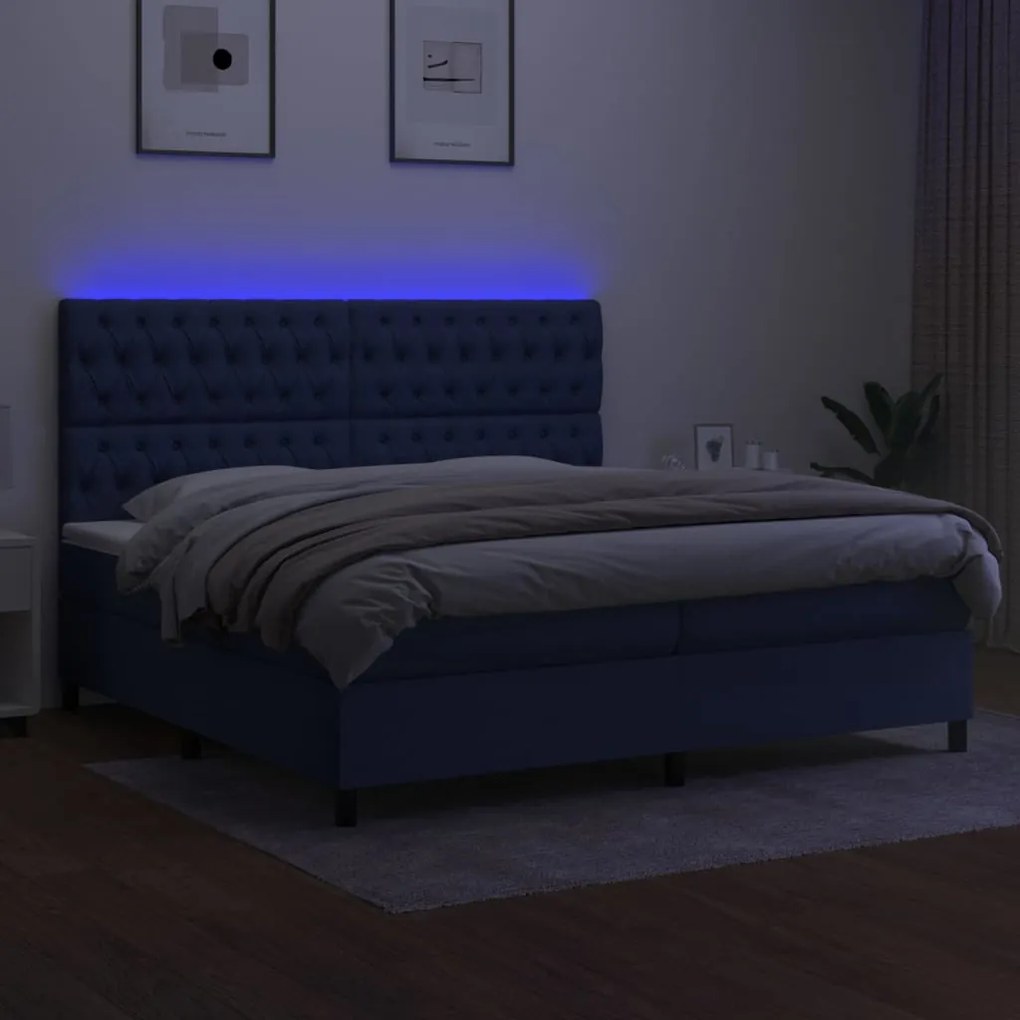 vidaXL Κρεβάτι Boxspring με Στρώμα & LED Μπλε 200x200 εκ. Υφασμάτινο