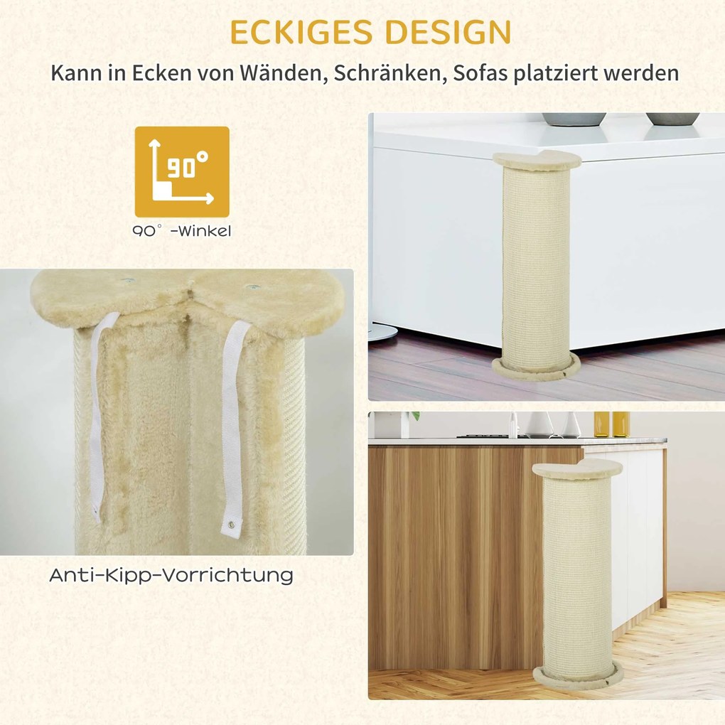 Γωνιακός πίνακας ξυσίματος για γάτες PawHut, εξοικονόμηση χώρου, 35 x 35 x 85 cm, Κρεμ Λευκό